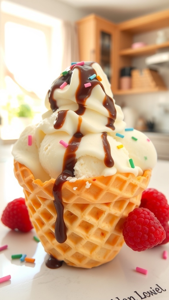 A bowl of creamy vanilla ice cream topped with chocolate sauce and sprinkles, served with fresh berries.
